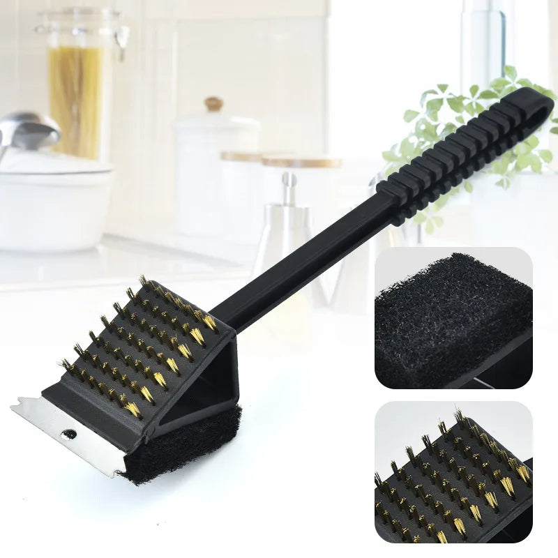 3-in-1 BBQ Grill Brush with Scraper & Sponge – Safe Wire-Free Grill Cleaner