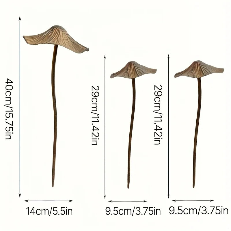 Rusty Mushroom Garden Statues — Set of 3 Weathered Metal Sculptures
