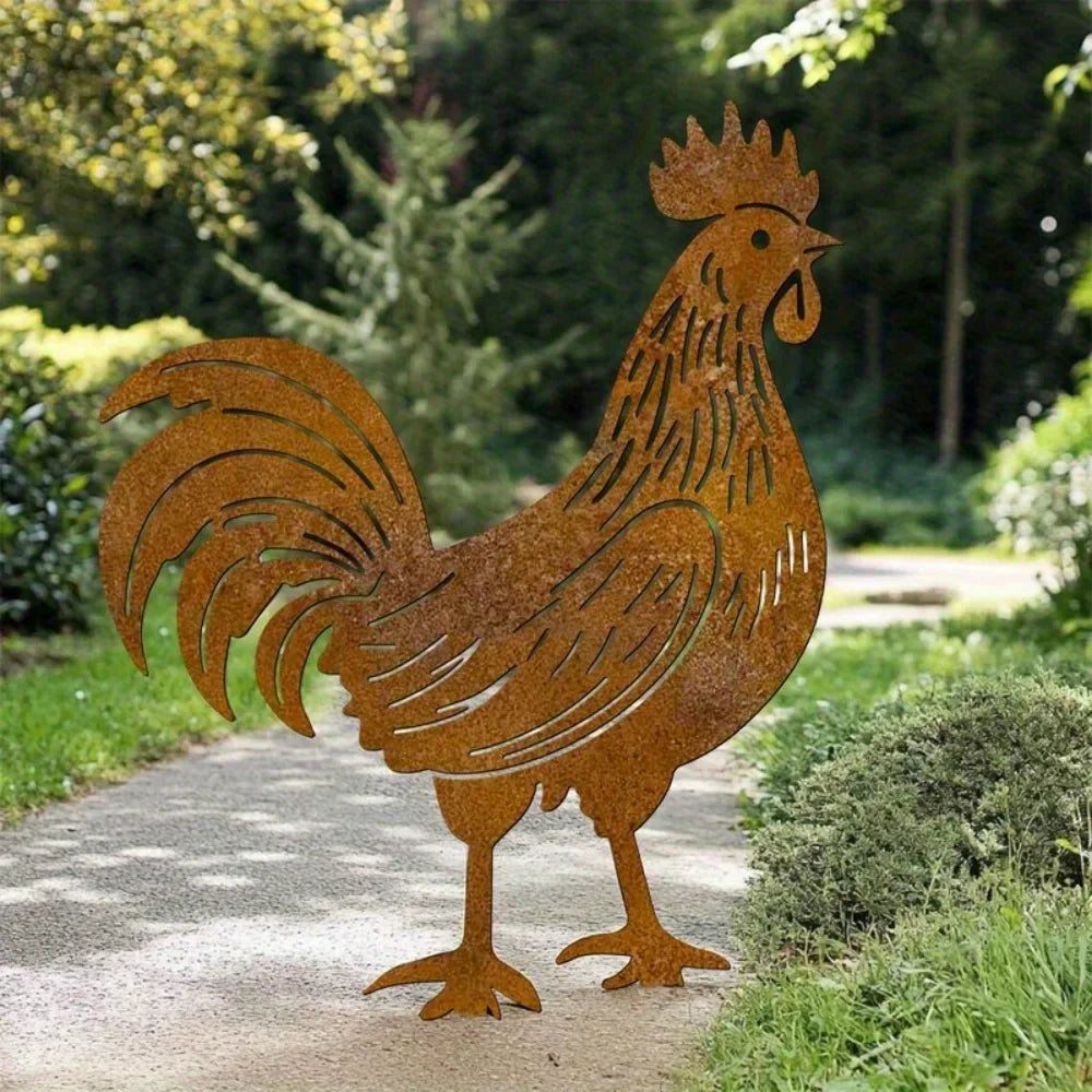Large Rooster Garden Statue — Heavy-Duty Rustic Metal Farm Stake