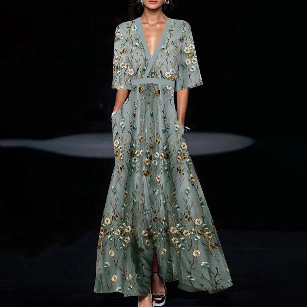 Women's Long Summer Dress – Casual Half-Sleeve Maxi Dress in Vibrant Green