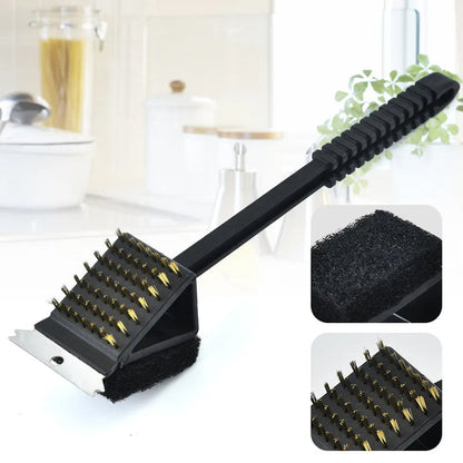 3-in-1 BBQ Grill Brush with Scraper & Sponge – Safe Wire-Free Grill Cleaner