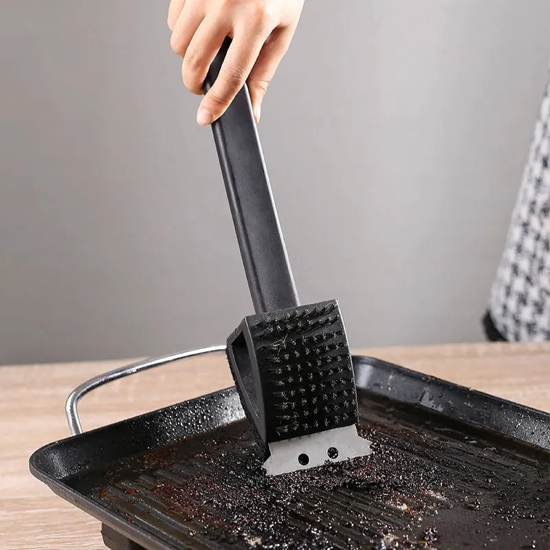 3-in-1 BBQ Grill Brush with Scraper & Sponge – Safe Wire-Free Grill Cleaner