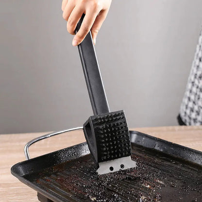 3-in-1 BBQ Grill Brush with Scraper & Sponge – Safe Wire-Free Grill Cleaner