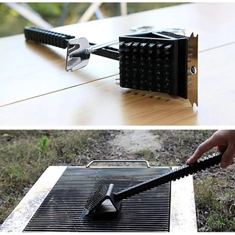3-in-1 BBQ Grill Brush with Scraper & Sponge – Safe Wire-Free Grill Cleaner