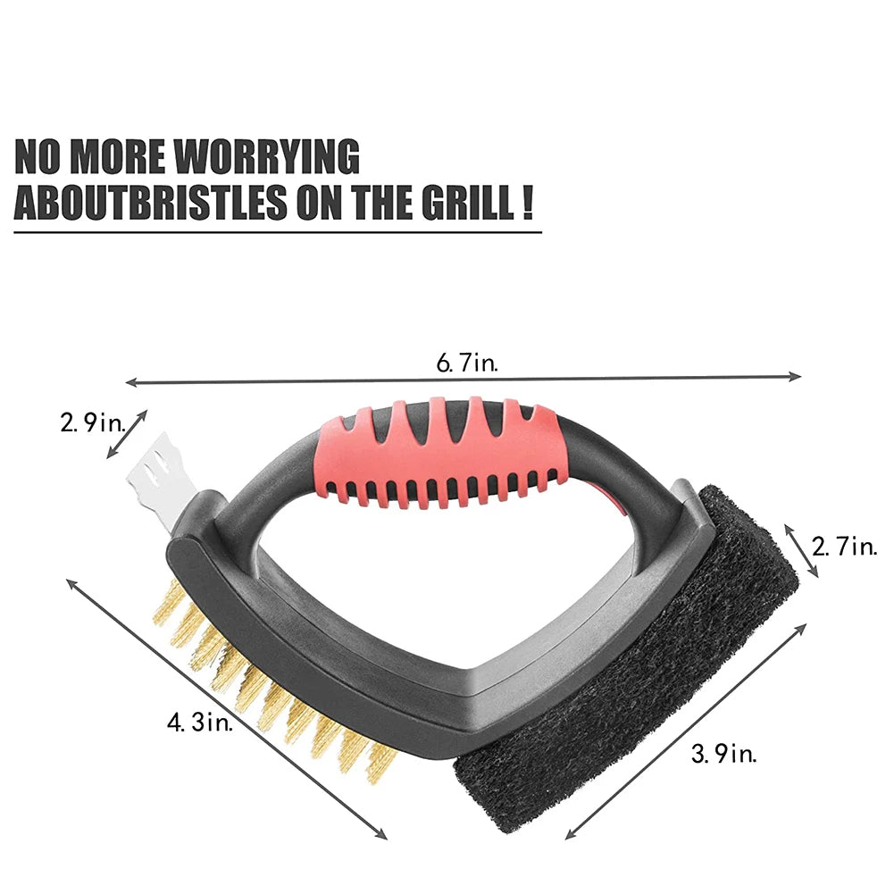 3-in-1 Brass Bristle BBQ Grill Brush with Scraper – Safe Professional Grill Cleaner