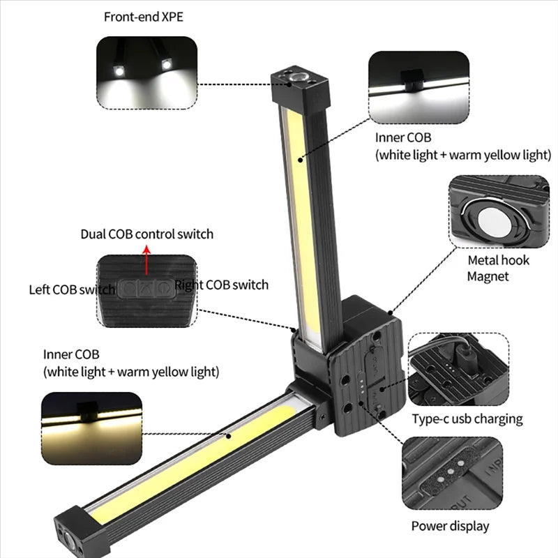 Rechargeable COB LED Work Light – Portable Foldable Job Site Inspection Light
