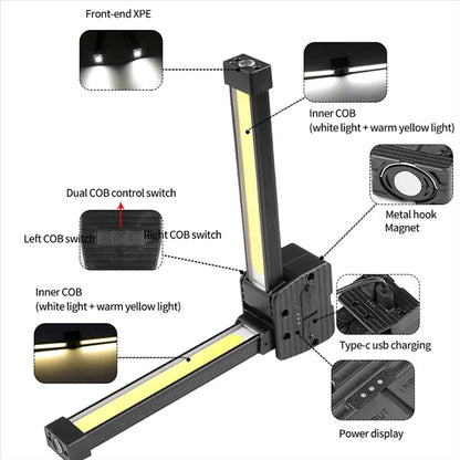Rechargeable COB LED Work Light – Portable Foldable Job Site Inspection Light