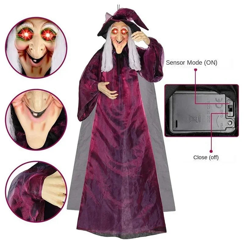 Animated Halloween Witch Decoration – Sound-Activated Glowing Eyes Indoor/Outdoor Decor