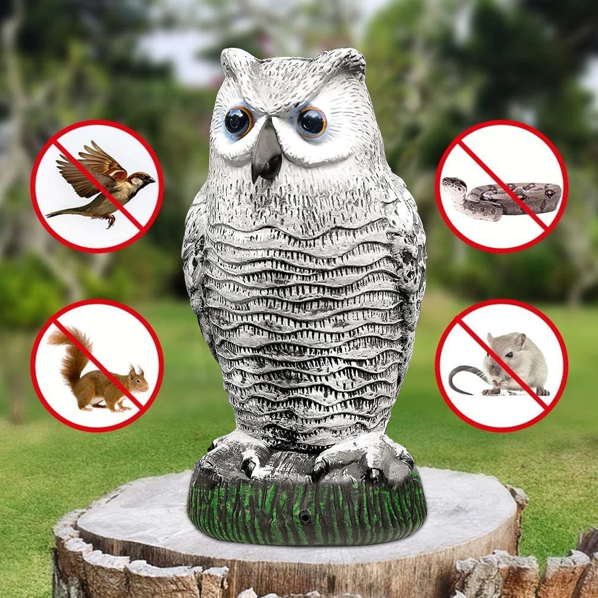 Realistic Owl Decoy Bird Repeller – Rotating Head Outdoor Pest Deterrent