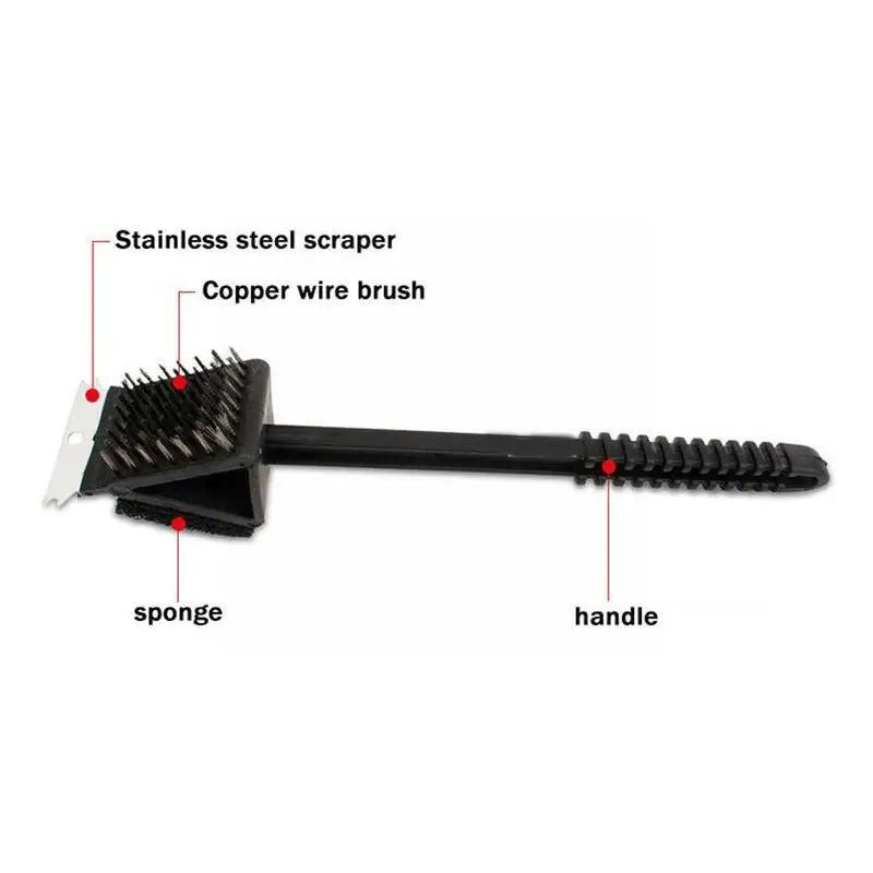 3-in-1 BBQ Grill Brush with Scraper & Sponge – Safe Wire-Free Grill Cleaner