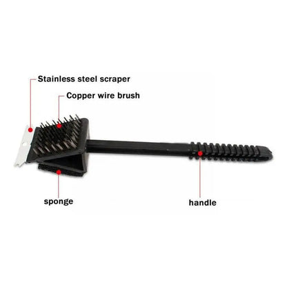 3-in-1 BBQ Grill Brush with Scraper & Sponge – Safe Wire-Free Grill Cleaner