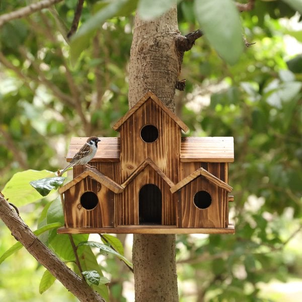 Handcrafted Wooden Birdhouse with 6 Holes – Decorative Garden Nesting Box