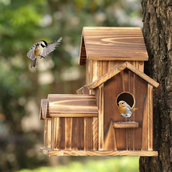 Handcrafted Wooden Birdhouse with 6 Holes – Decorative Garden Nesting Box