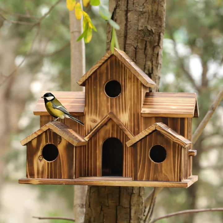 Handcrafted Wooden Birdhouse with 6 Holes – Decorative Garden Nesting Box