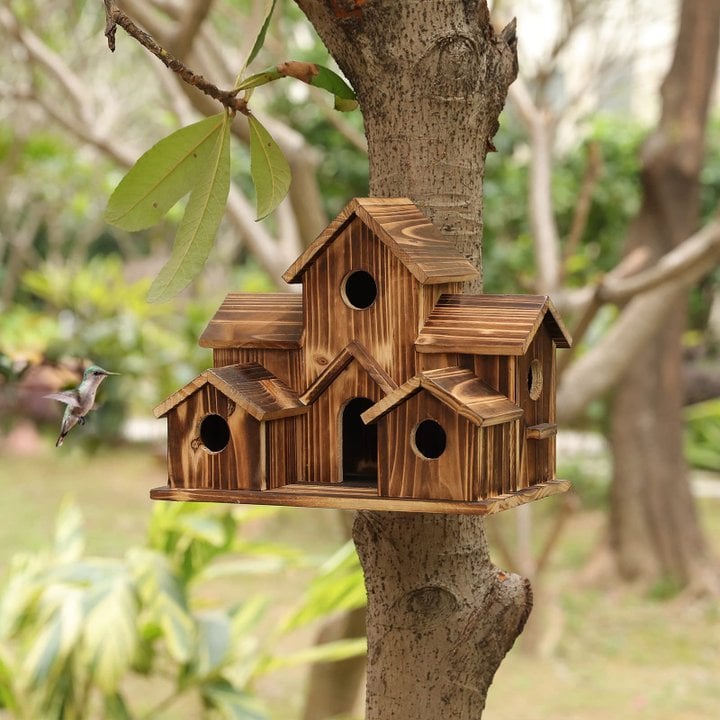 Handcrafted Wooden Birdhouse with 6 Holes – Decorative Garden Nesting Box