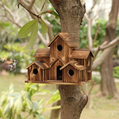 Handcrafted Wooden Birdhouse with 6 Holes – Decorative Garden Nesting Box