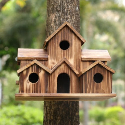 Handcrafted Wooden Birdhouse with 6 Holes – Decorative Garden Nesting Box