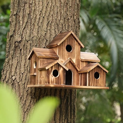 Handcrafted Wooden Birdhouse with 6 Holes – Decorative Garden Nesting Box