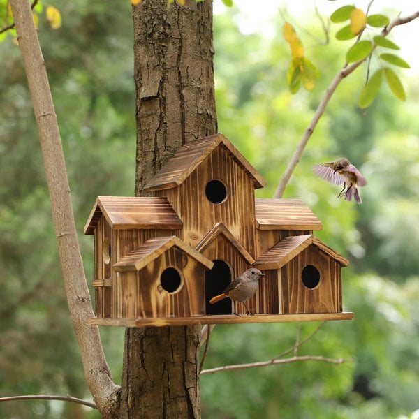 Handcrafted Wooden Birdhouse with 6 Holes – Decorative Garden Nesting Box