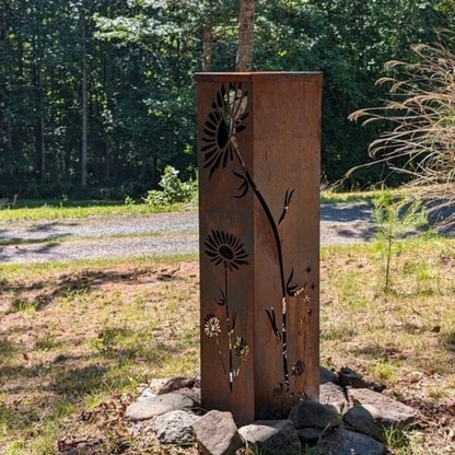 Fairy & Mushroom Garden Column — Tall Metal Garden Sculpture