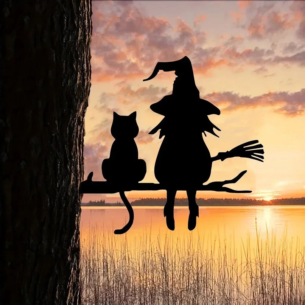 Witch & Cats Halloween Garden Stake — Black Metal Tree Silhouette