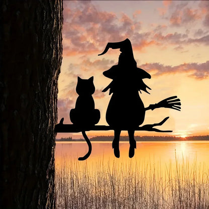 Witch & Cats Halloween Garden Stake — Black Metal Tree Silhouette