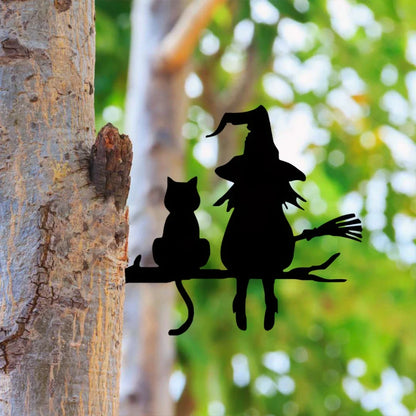 Witch & Cats Halloween Garden Stake — Black Metal Tree Silhouette
