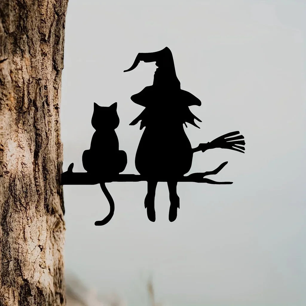 Witch & Cats Halloween Garden Stake — Black Metal Tree Silhouette