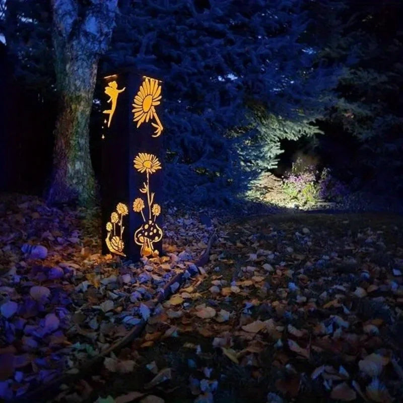 Fairy & Mushroom Garden Column — Tall Metal Garden Sculpture