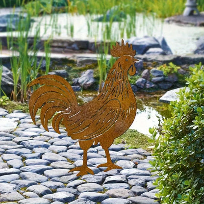 Large Rooster Garden Statue — Heavy-Duty Rustic Metal Farm Stake