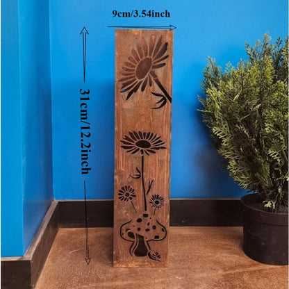 Fairy & Mushroom Garden Column — Tall Metal Garden Sculpture