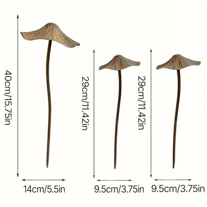 Rusty Mushroom Garden Statues — Set of 3 Weathered Metal Sculptures