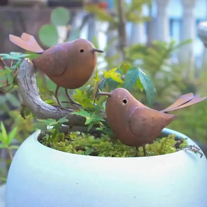 Retro Metal Bird Garden Sculptures — Set of 2 Rustic Iron Ornaments