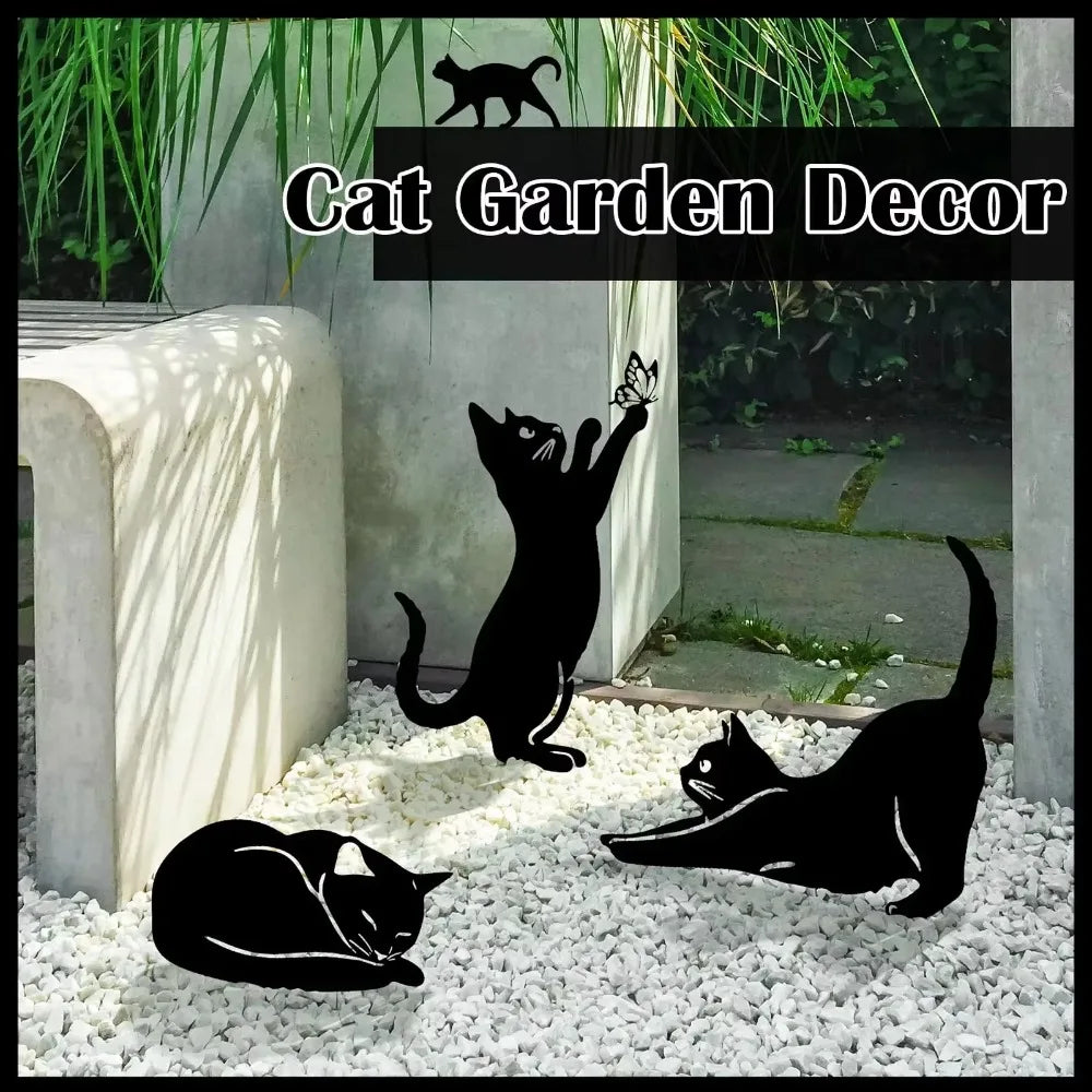 Cat Family Garden Statues — Metal Silhouette Stakes, Set of 3