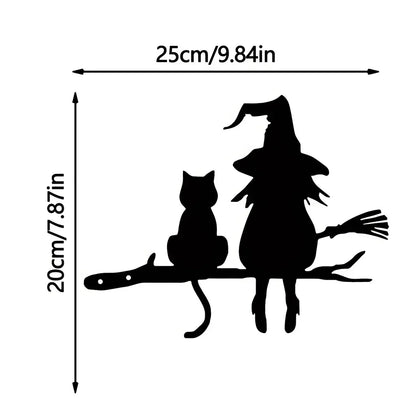 Witch & Cats Halloween Garden Stake — Black Metal Tree Silhouette