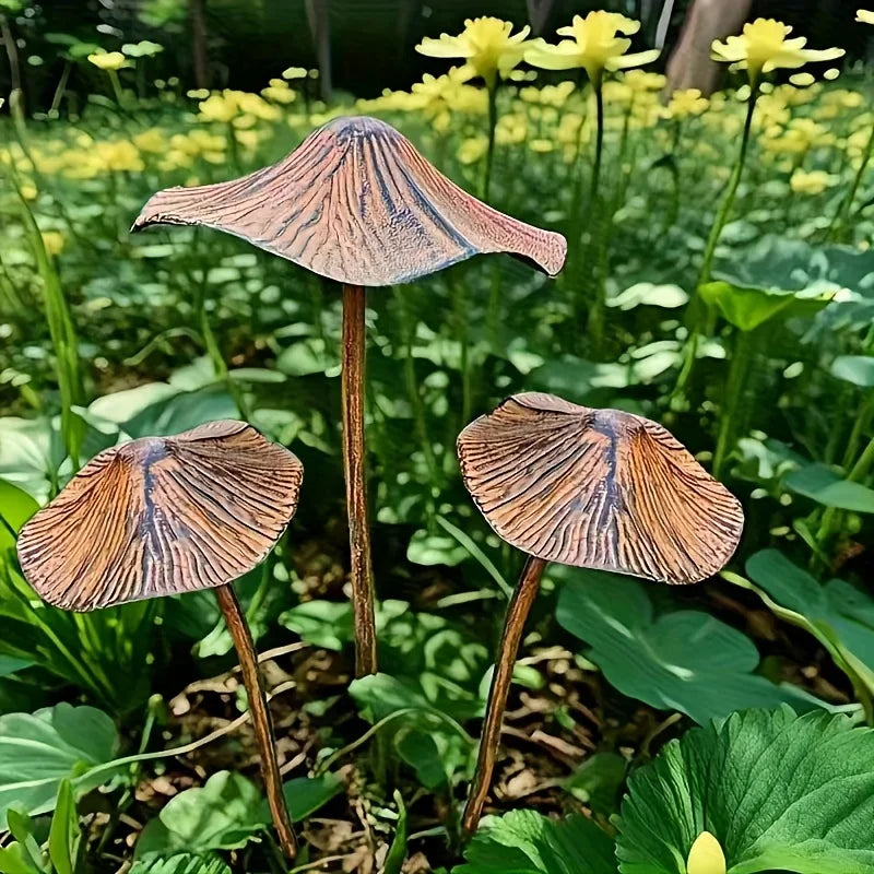 Rusty Mushroom Garden Statues — Set of 3 Weathered Metal Sculptures