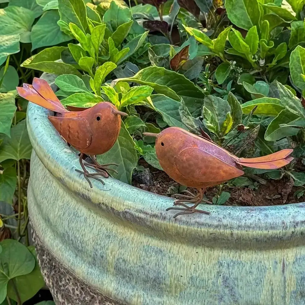 Retro Metal Bird Garden Sculptures — Set of 2 Rustic Iron Ornaments