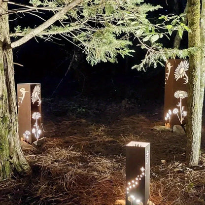 Fairy & Mushroom Garden Column — Tall Metal Garden Sculpture