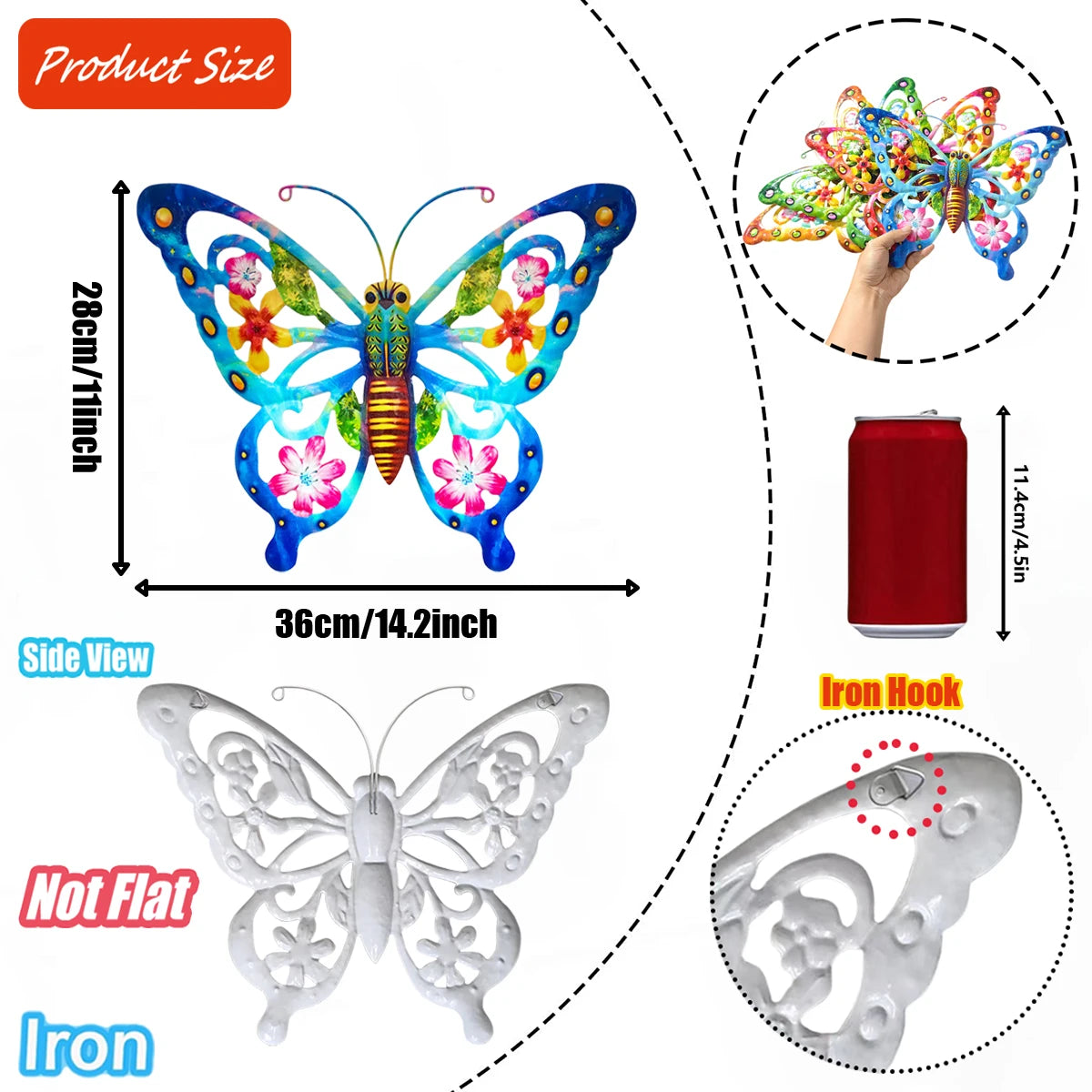 Large Metal Butterfly Wall Decor — Rustic Garden Sculpture for Fence & Patio