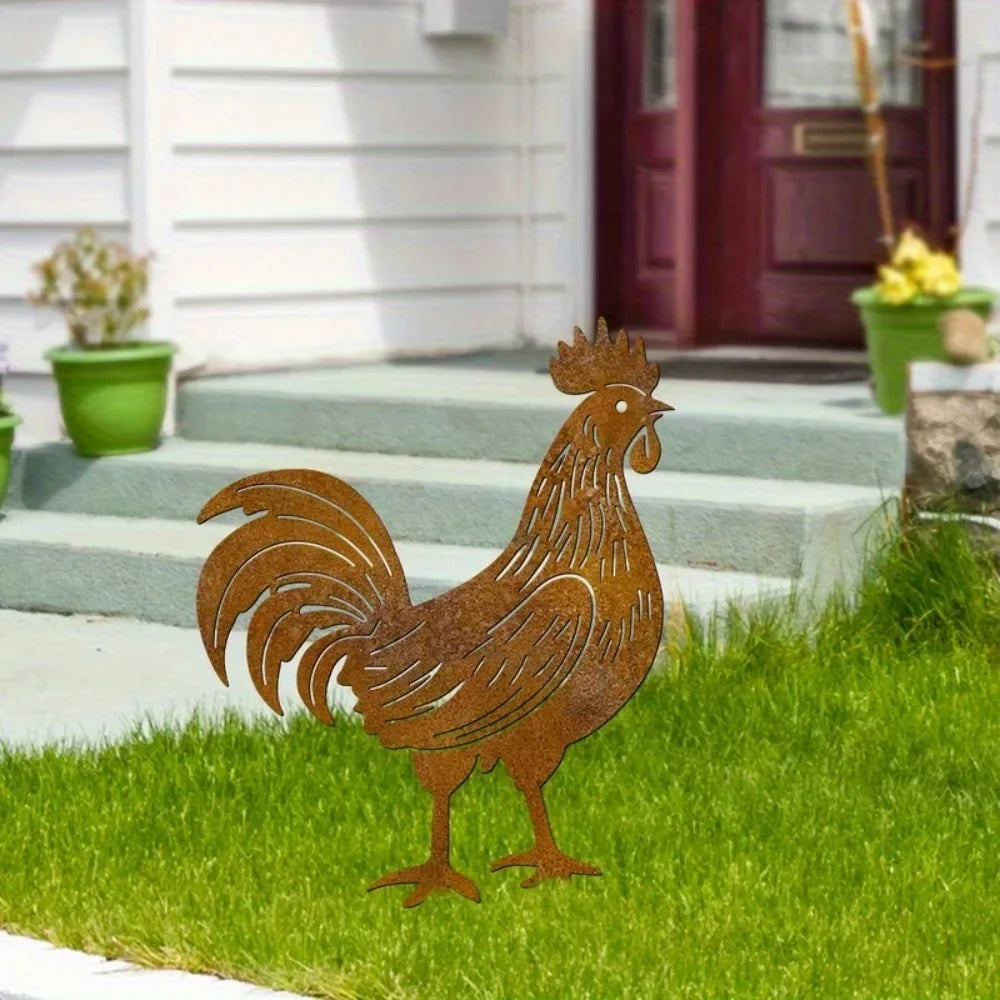 Large Rooster Garden Statue — Heavy-Duty Rustic Metal Farm Stake