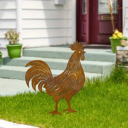 Large Rooster Garden Statue — Heavy-Duty Rustic Metal Farm Stake