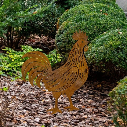 Large Rooster Garden Statue — Heavy-Duty Rustic Metal Farm Stake