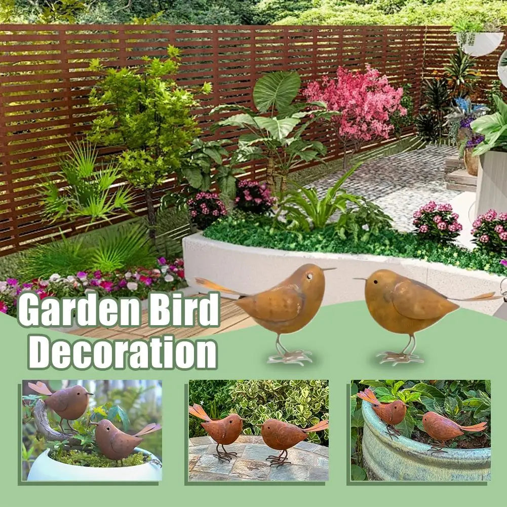 Retro Metal Bird Garden Sculptures — Set of 2 Rustic Iron Ornaments