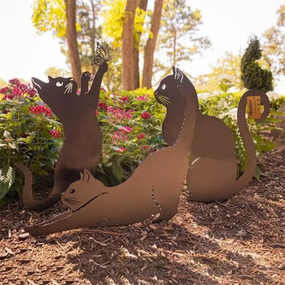 Cat Family Garden Statues — Metal Silhouette Stakes, Set of 3