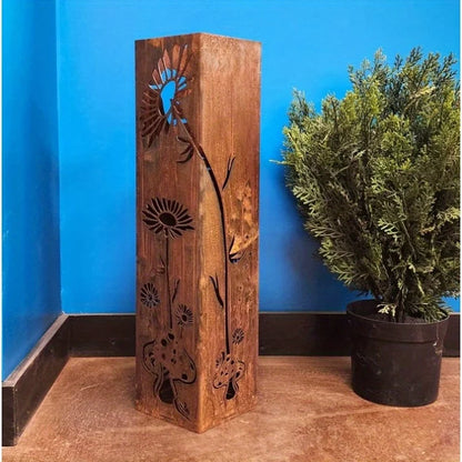 Fairy & Mushroom Garden Column — Tall Metal Garden Sculpture