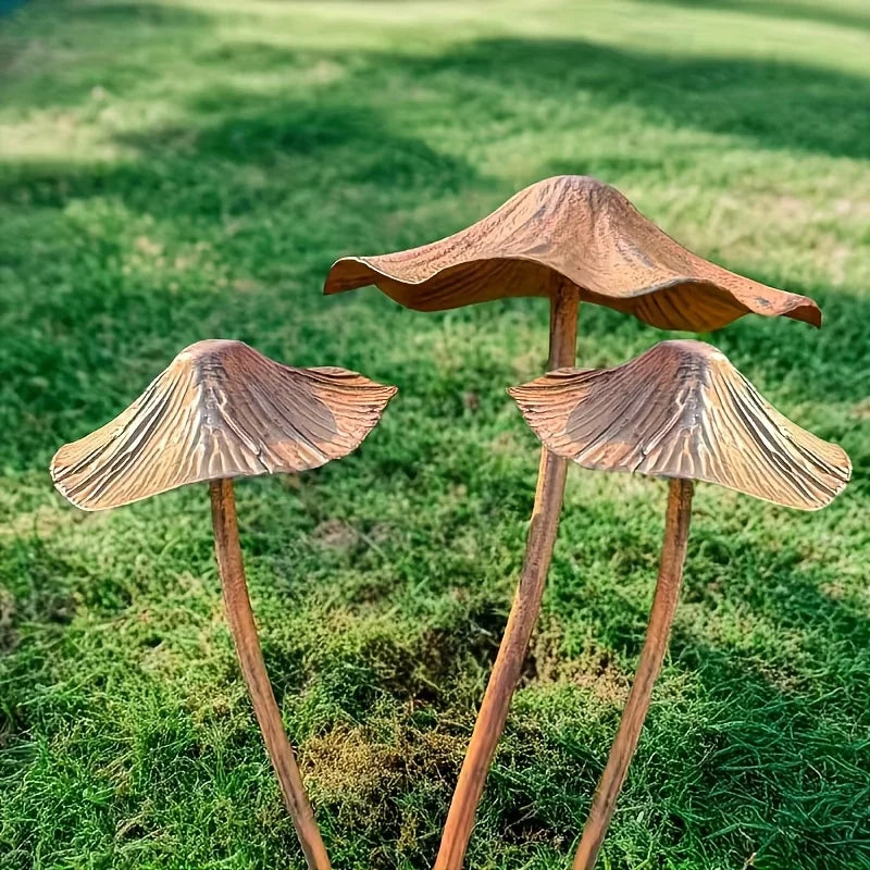Rusty Mushroom Garden Statues — Set of 3 Weathered Metal Sculptures