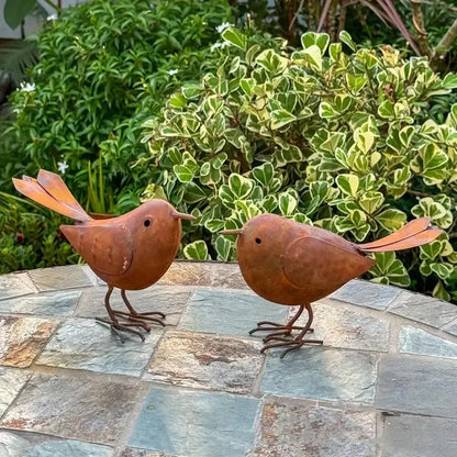 Retro Metal Bird Garden Sculptures — Set of 2 Rustic Iron Ornaments