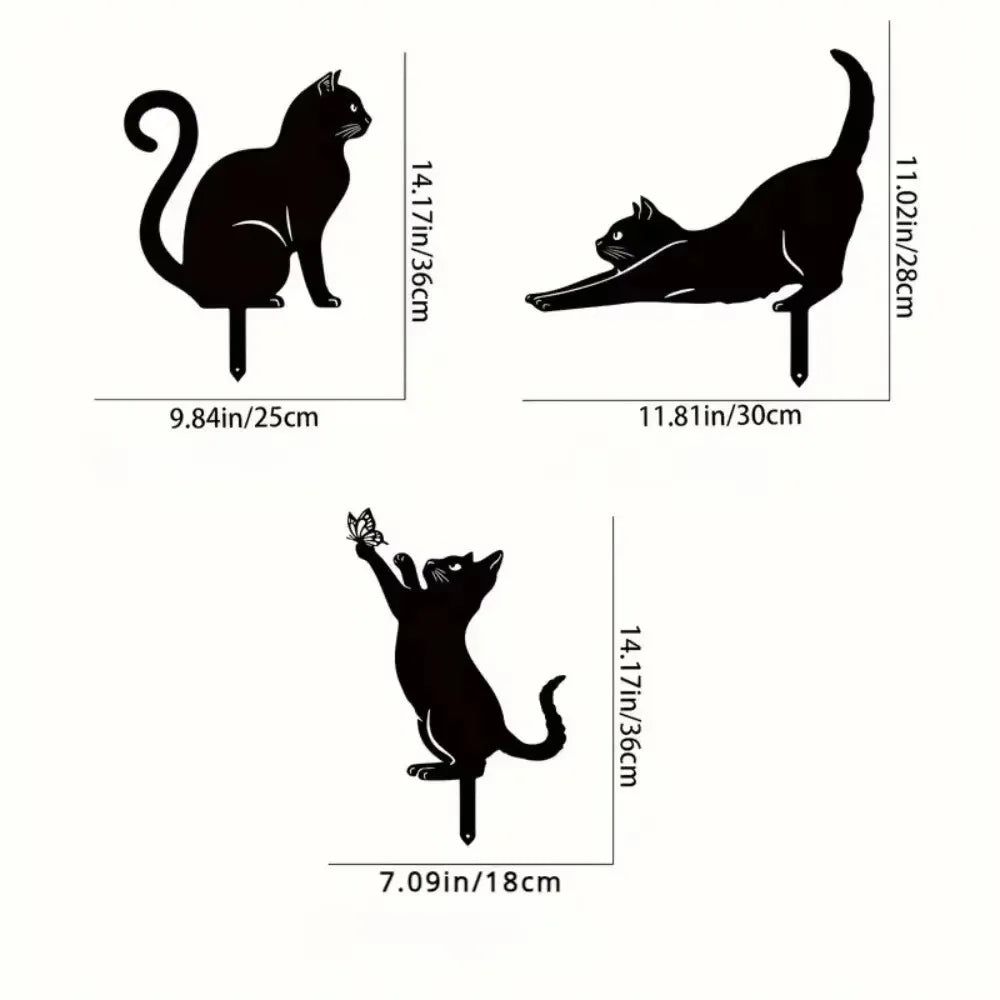 Cat Family Garden Statues — Metal Silhouette Stakes, Set of 3