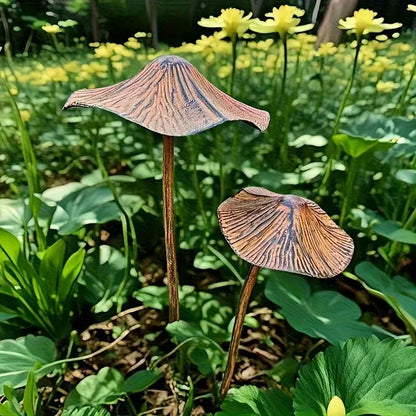 Rusty Mushroom Garden Statues — Set of 3 Weathered Metal Sculptures