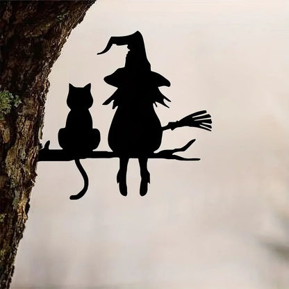 Witch & Cats Halloween Garden Stake — Black Metal Tree Silhouette